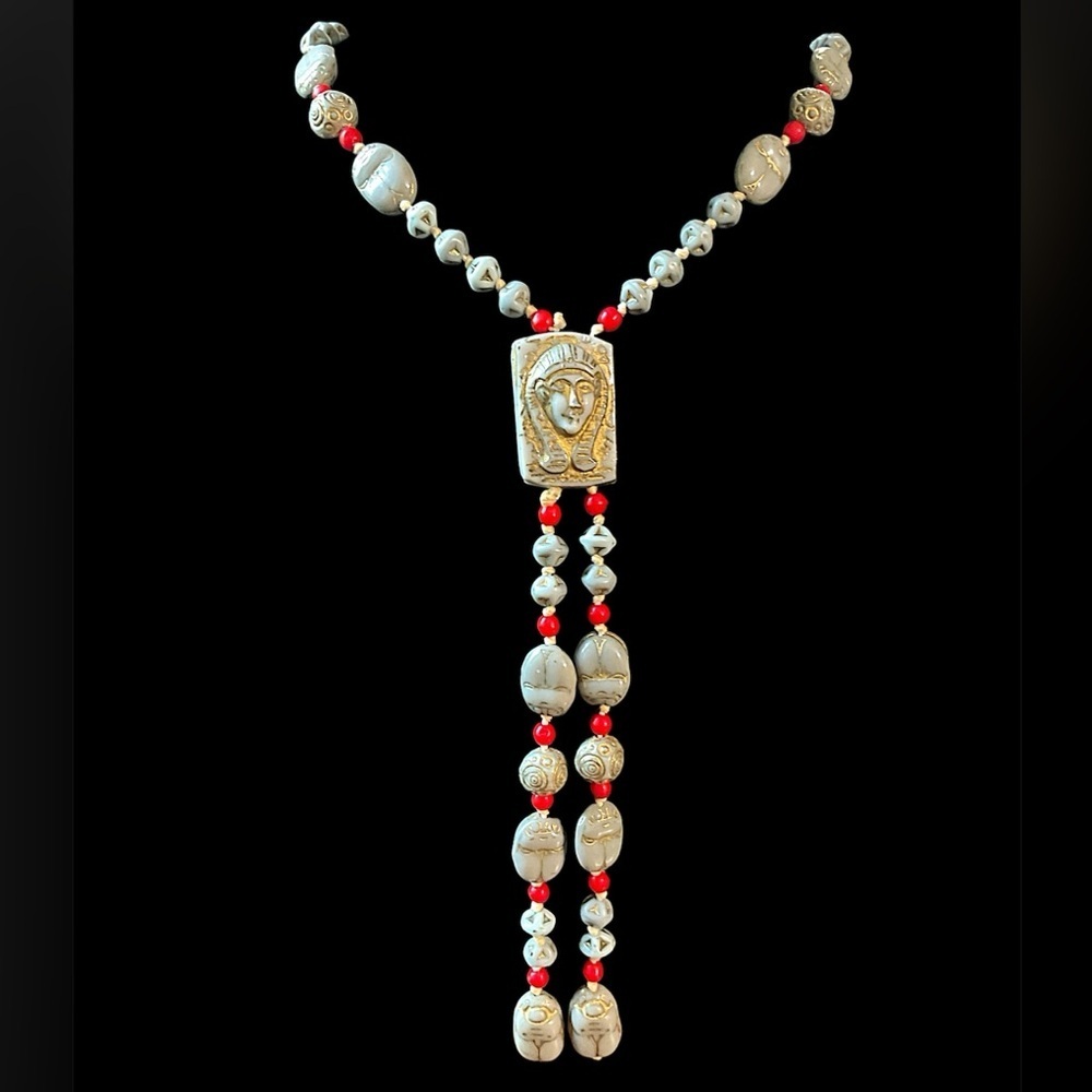 Vintage Egyptian Revival Scarab Beetle Glass Bead Lavaliere Necklace